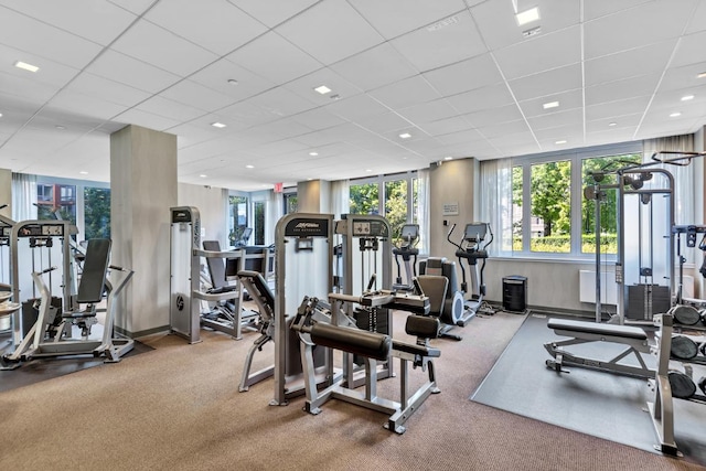 exercise room with a paneled ceiling and carpet floors