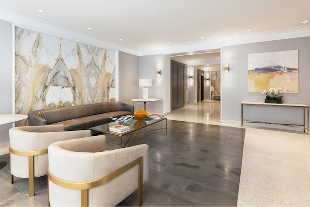 building lobby with crown molding and recessed lighting