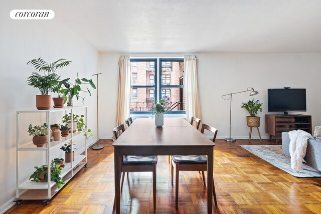 dining area with light parquet floors