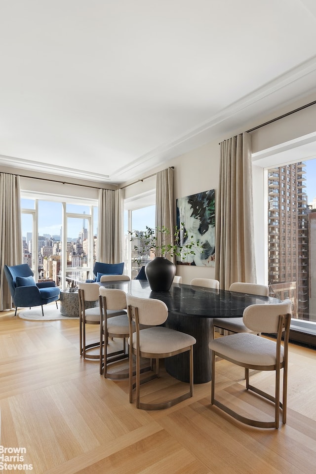 dining room with a city view