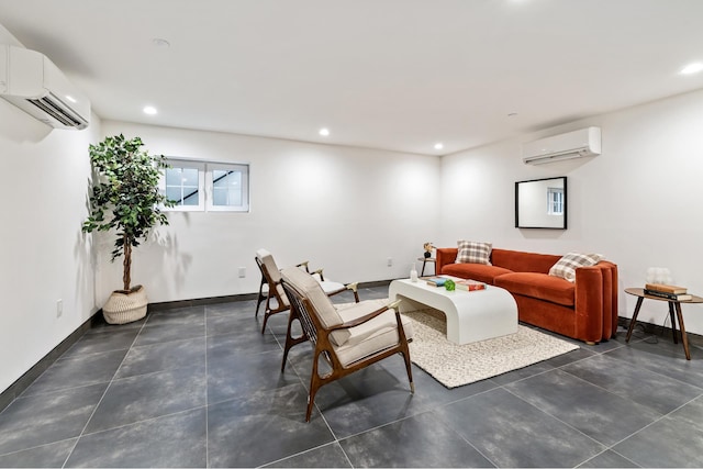 living room featuring recessed lighting, an AC wall unit, and baseboards