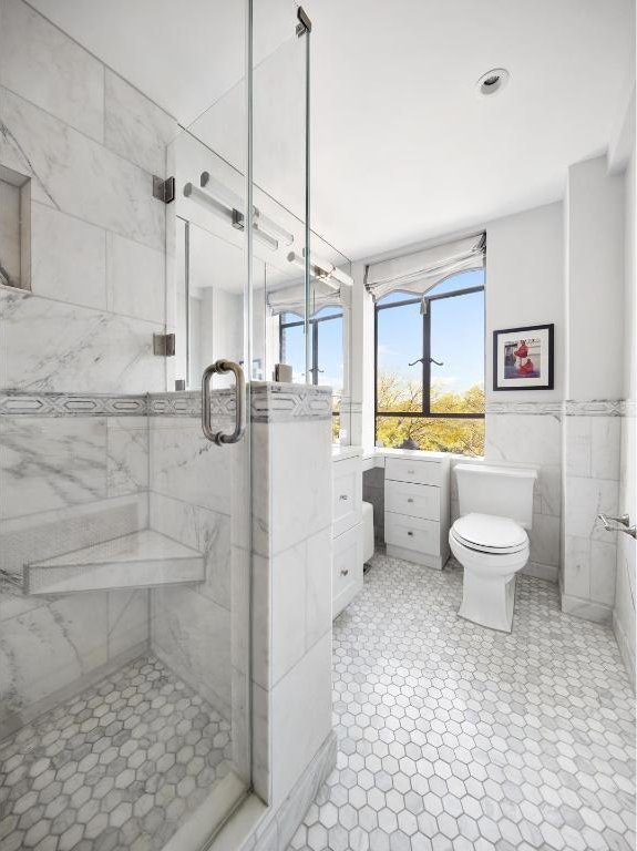 bathroom featuring tile walls, vanity, a shower with door, and toilet