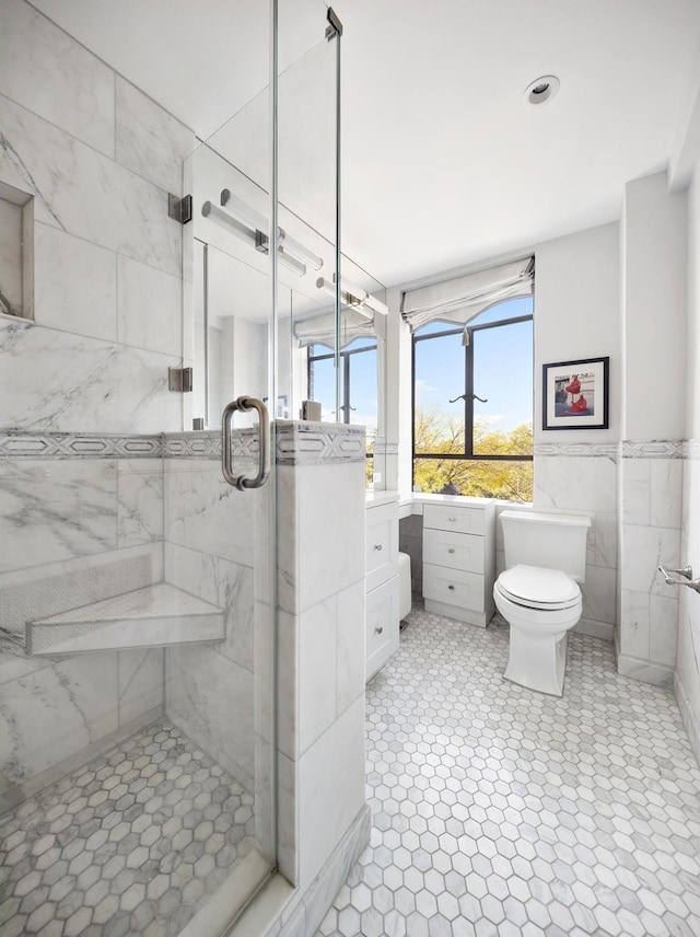 bathroom with vanity, tile walls, toilet, and a stall shower