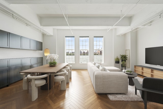 living room with dark parquet flooring