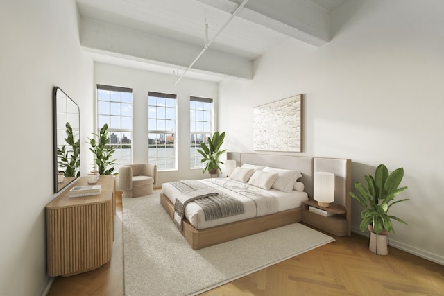 bedroom featuring parquet floors, a water view, and beamed ceiling