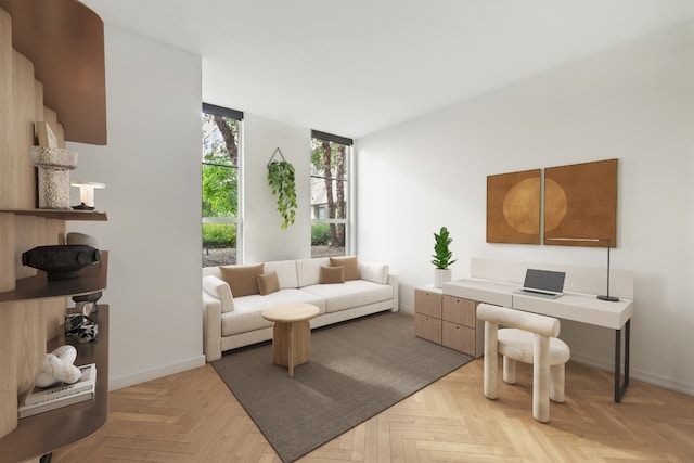 home office with light parquet flooring