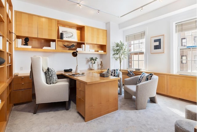 carpeted office with built in desk and track lighting