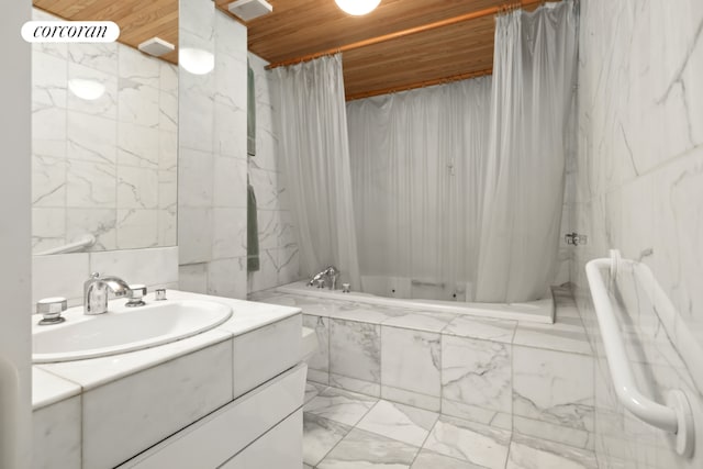 bathroom featuring vanity, wooden ceiling, and shower / bath combo with shower curtain