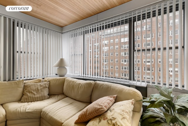 interior space featuring wooden ceiling, a healthy amount of sunlight, and visible vents