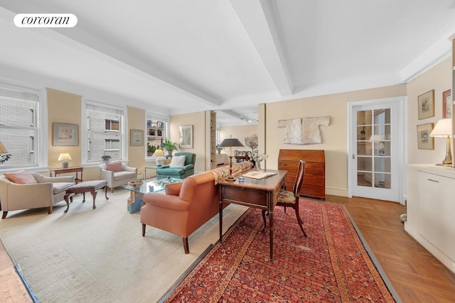 living room featuring parquet floors and beam ceiling