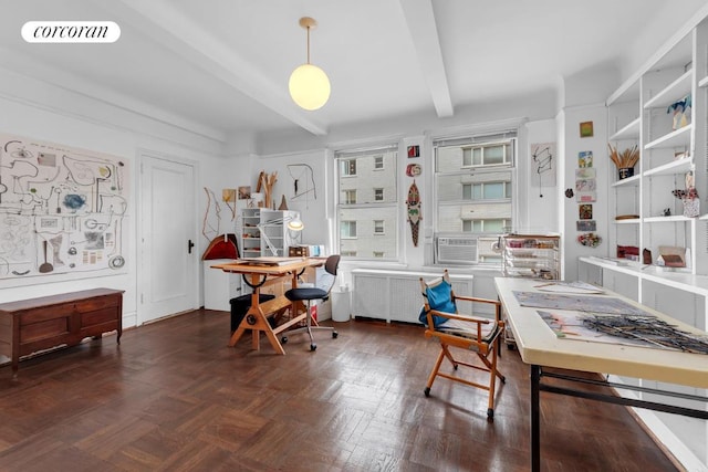 interior space featuring dark parquet floors and beamed ceiling