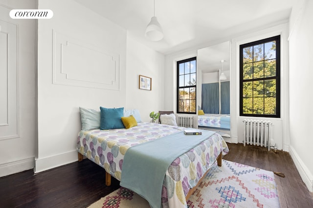 bedroom featuring multiple windows, radiator, and dark hardwood / wood-style flooring