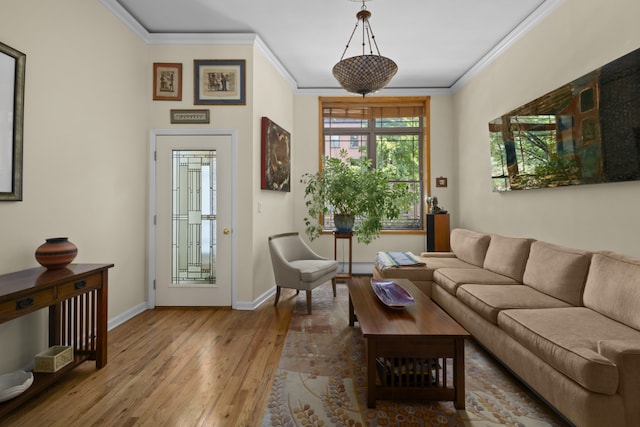 living room with crown molding, hardwood / wood-style floors, and a baseboard heating unit