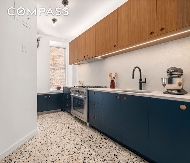 kitchen with light countertops, a sink, baseboards, and high end stainless steel range