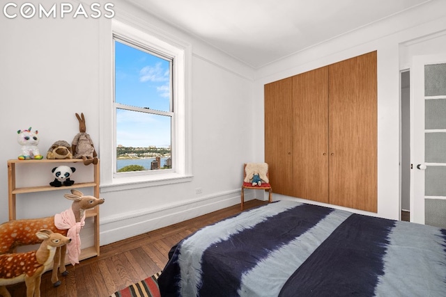 bedroom with hardwood / wood-style floors, a closet, and a water view