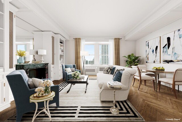 living area with ornamental molding and parquet floors