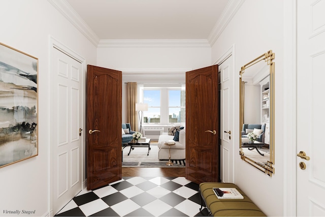 interior space with crown molding and tile patterned floors