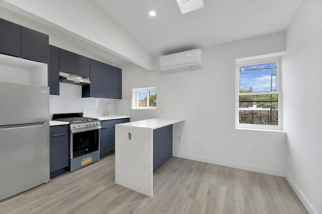 kitchen featuring light hardwood / wood-style flooring, backsplash, an AC wall unit, stainless steel appliances, and kitchen peninsula