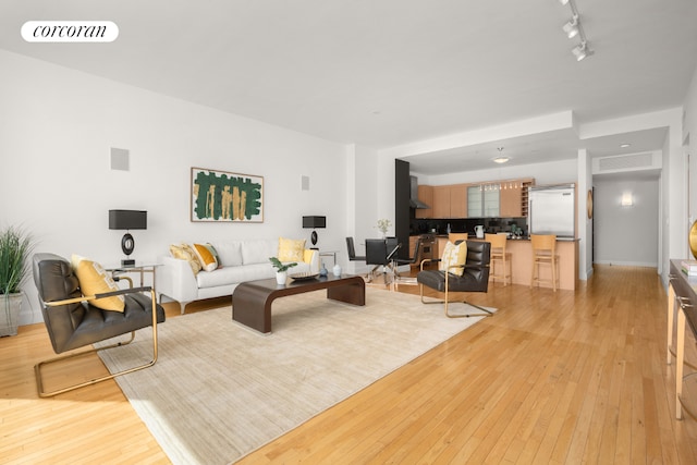 living room featuring rail lighting and light hardwood / wood-style floors