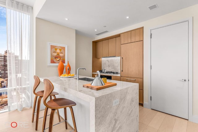 kitchen with a wealth of natural light, sink, light stone counters, and a kitchen island with sink