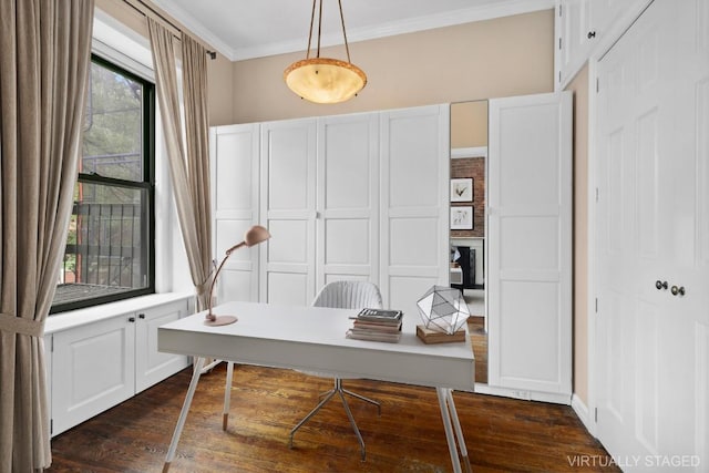 home office with dark hardwood / wood-style flooring and crown molding