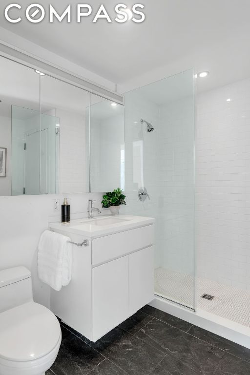 bathroom with vanity, toilet, and walk in shower