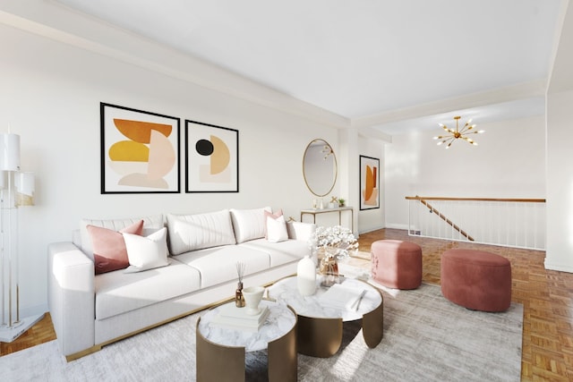 living room featuring parquet flooring and a notable chandelier