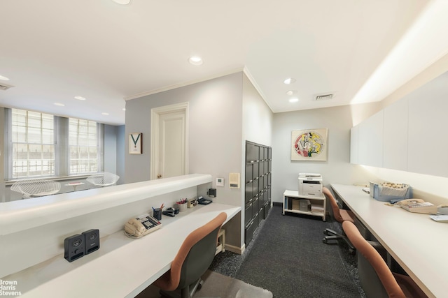 888 Park Avenue Maisonette, New York City, NY 10075 - home office featuring visible vents, recessed lighting, dark carpet, and ornamental molding