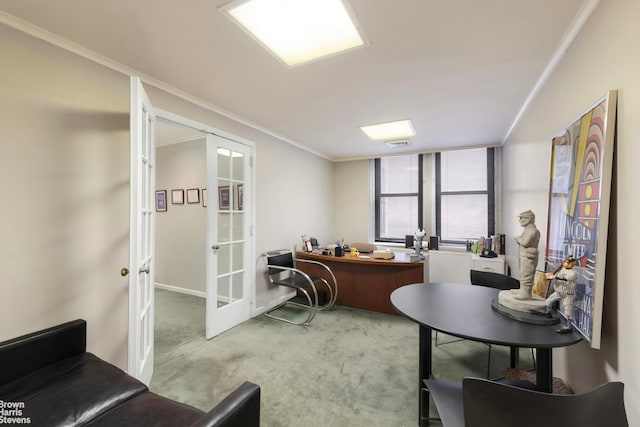 888 Park Avenue Maisonette, New York City, NY 10075 - carpeted home office with crown molding, baseboards, french doors, and visible vents