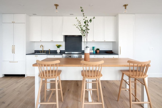 kitchen with sink, light hardwood / wood-style flooring, custom range hood, and white cabinets