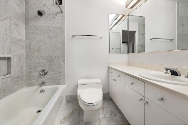 bathroom featuring visible vents, toilet, marble finish floor, and vanity