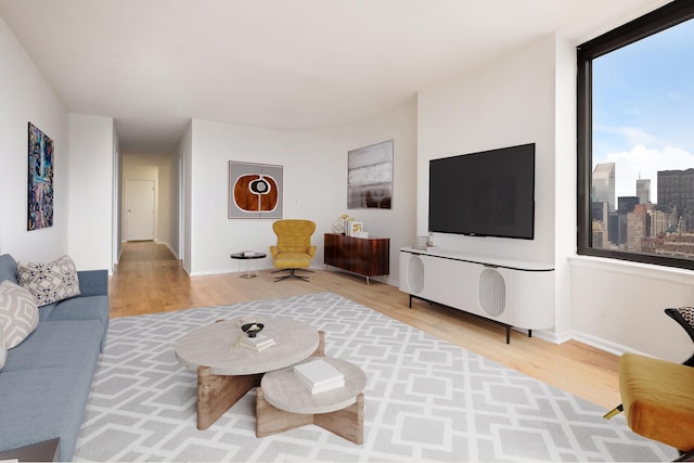 living area with baseboards and wood finished floors