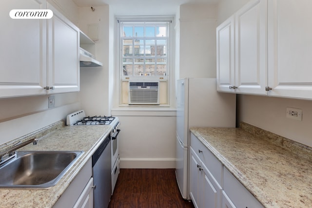 kitchen featuring white cabinets, dark hardwood / wood-style flooring, gas range oven, sink, and stainless steel dishwasher