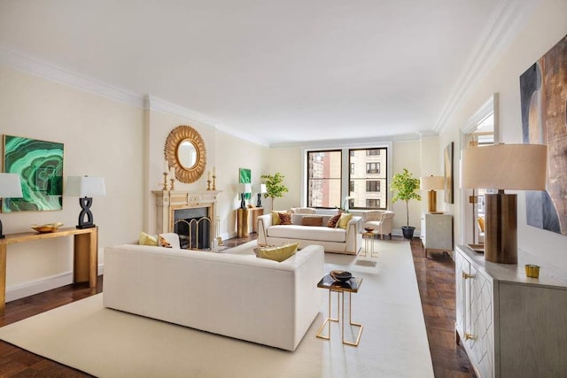 living room featuring crown molding and dark wood-type flooring