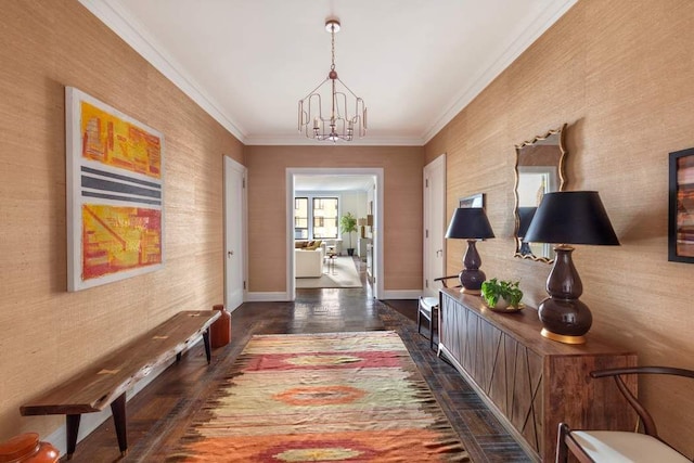 interior space with ornamental molding, dark wood-type flooring, and a chandelier