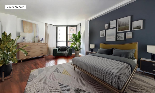 bedroom featuring floor to ceiling windows and dark hardwood / wood-style flooring