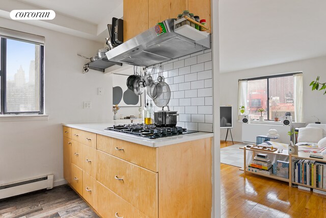 kitchen featuring stainless steel gas stovetop, extractor fan, hardwood / wood-style floors, and a baseboard radiator