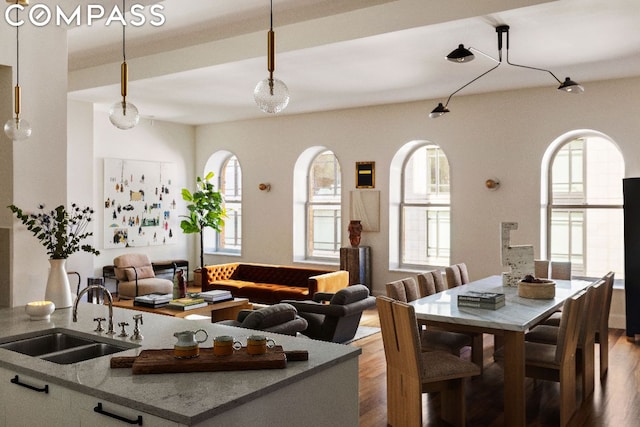 dining area with sink and hardwood / wood-style floors