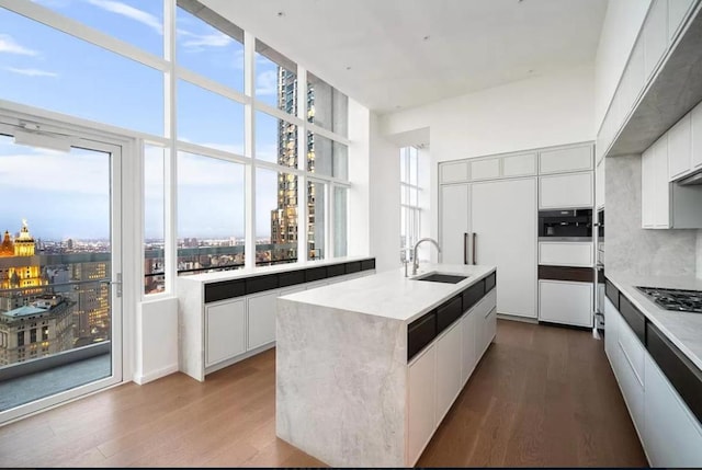 kitchen with backsplash, sink, white cabinetry, hardwood / wood-style flooring, and an island with sink