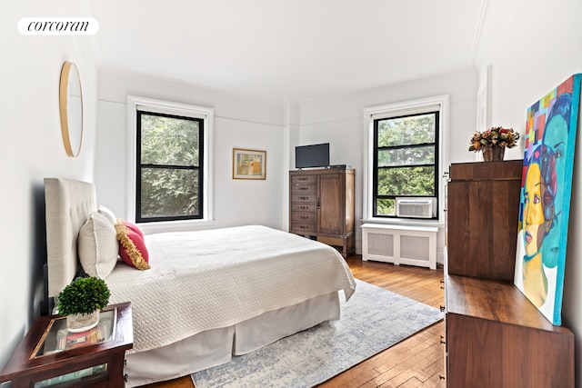 bedroom with multiple windows, light hardwood / wood-style flooring, and radiator heating unit