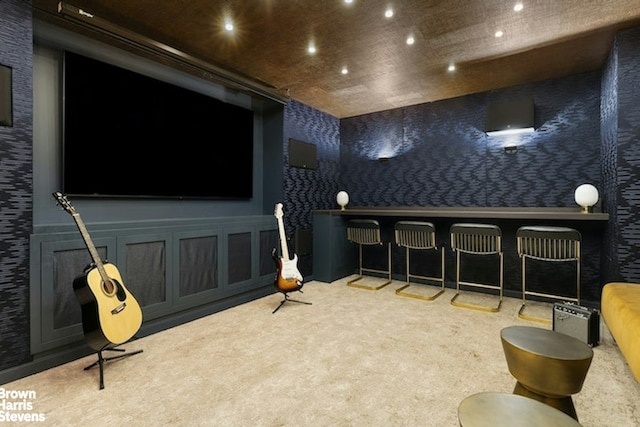 home theater room with carpet floors, recessed lighting, and wallpapered walls