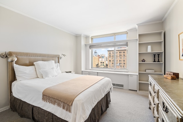 carpeted bedroom with crown molding