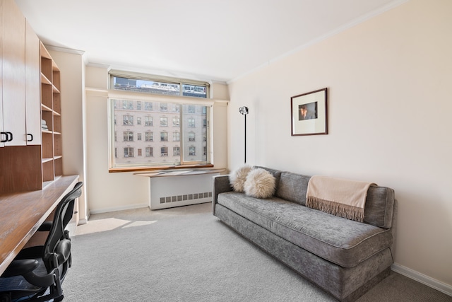 home office featuring radiator, crown molding, and light colored carpet