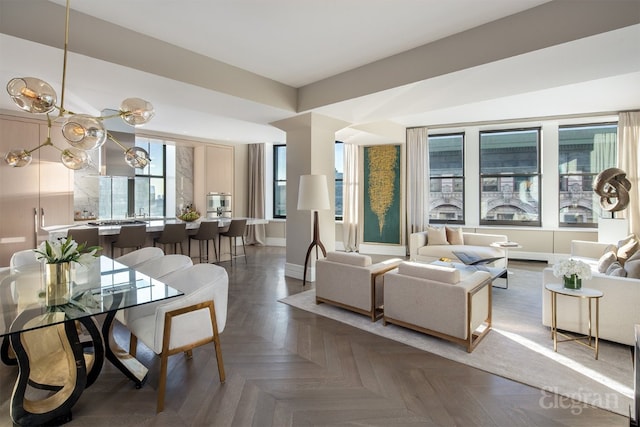 living room featuring parquet flooring