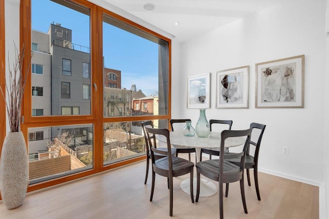 dining room with floor to ceiling windows, a healthy amount of sunlight, and light wood-type flooring