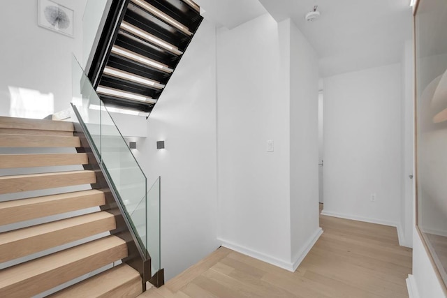 stairway with hardwood / wood-style floors