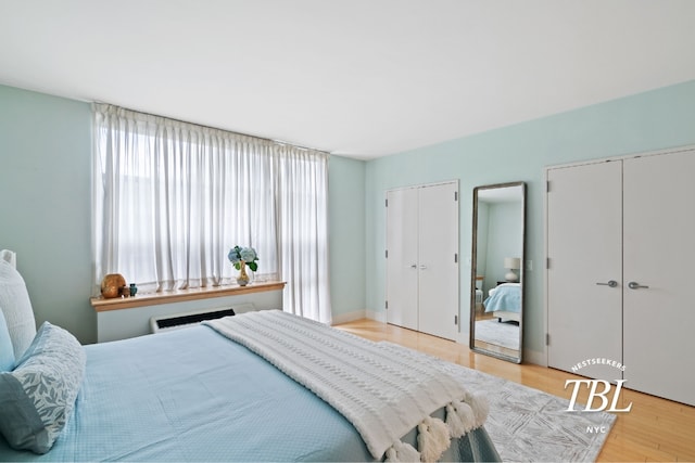 bedroom featuring two closets and light hardwood / wood-style floors