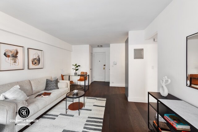 living room featuring dark wood-type flooring