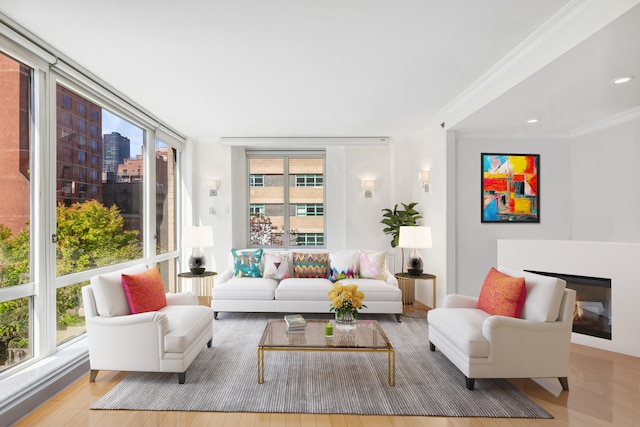 living room with a glass covered fireplace, crown molding, recessed lighting, and wood finished floors