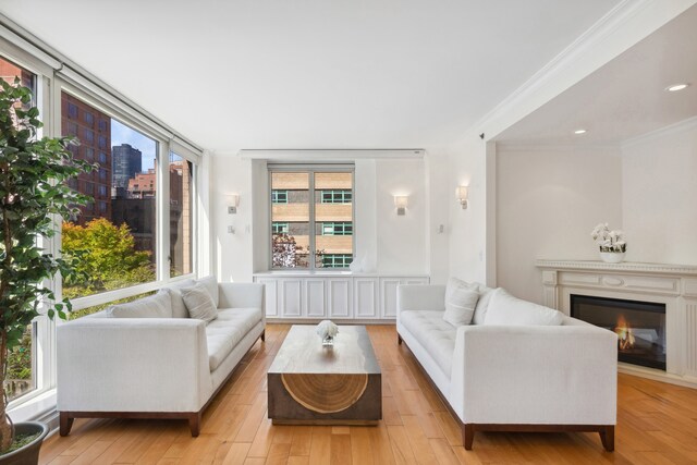 living area with ornamental molding, a healthy amount of sunlight, a glass covered fireplace, and light wood-style floors